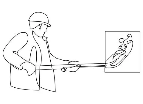 A worker insert a coal inside the engine. Continuous line drawing. Vector. Stock Illustration