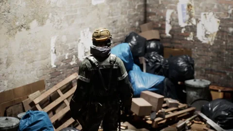 Worker inspecting a cluttered space in a urban environment during daylight Stock Footage 303806182