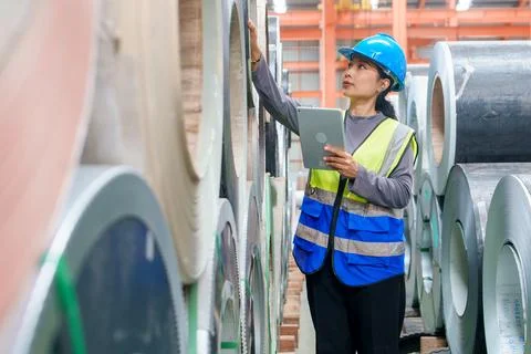 Worker Inspecting Metal Rolls Using Tablet in Manufacturing Facility for In.. Stock Photos