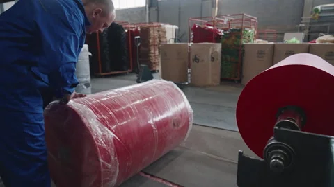 Worker inspecting the packaged roll of the ecological production material Stock Footage 252488359