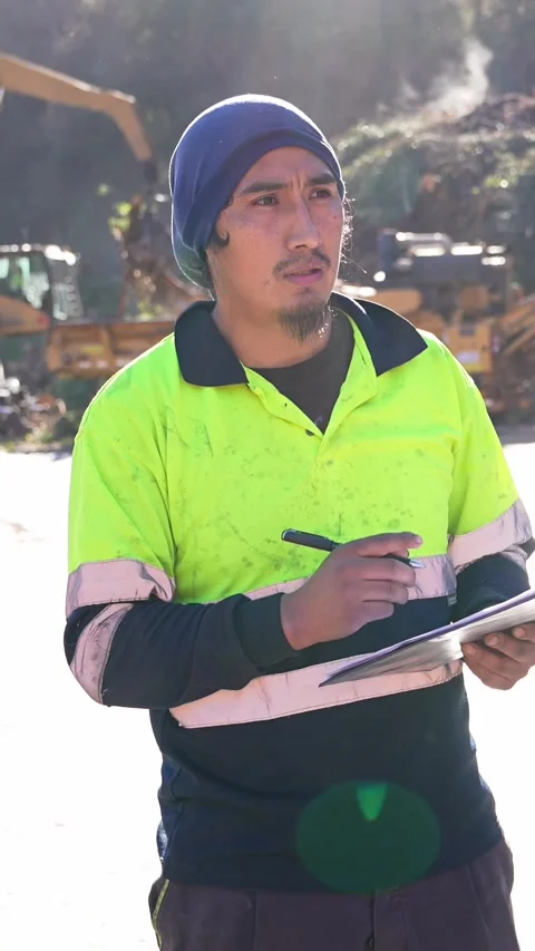 Worker inspecting pallet recycling process in industrial setting Stock-Footage 313924352