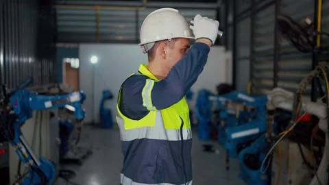 Worker inspects robotic arms in industrial facility Video stock 341314517