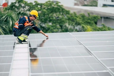 Worker inspects solar panels on a rooftop during daytime in an urban area Stock Photos