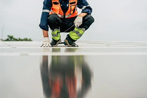 Worker inspects solar panels on a rooftop during a cloudy day in an urban s.. Stock Photos