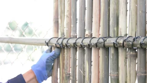 Worker install bamboo wall panels tied together with aluminum wire to cover a ch Stock Footage 303429603
