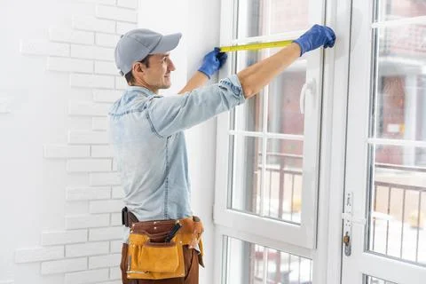 The worker installing and checking window in the house Stock Photos