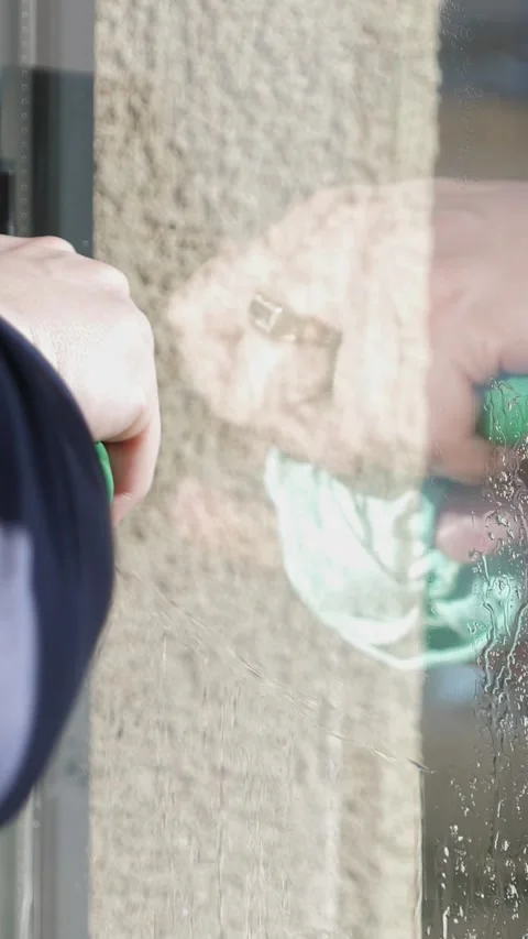 Worker installing and smoothing tint film on window at home. Man tinting windows Stock Footage 327097914