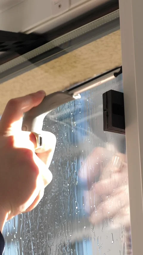 Worker installing and smoothing tint film on window at home. Man tinting windows Stock Footage 327130979