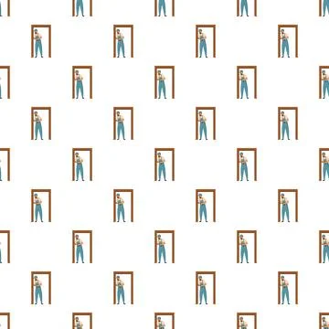 Worker installing door frame seamless pattern background Ilustração Stock