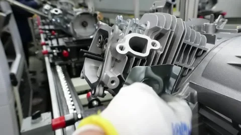 Worker Installing Heat Shield on Small Engine Cylinder on Assembly Line Stock Footage 348591029