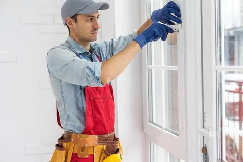 Worker installing new plastic pvc window Stock Photos