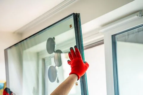 Worker installing new triple glazed window glass unit into frame in apartment Stock Photos