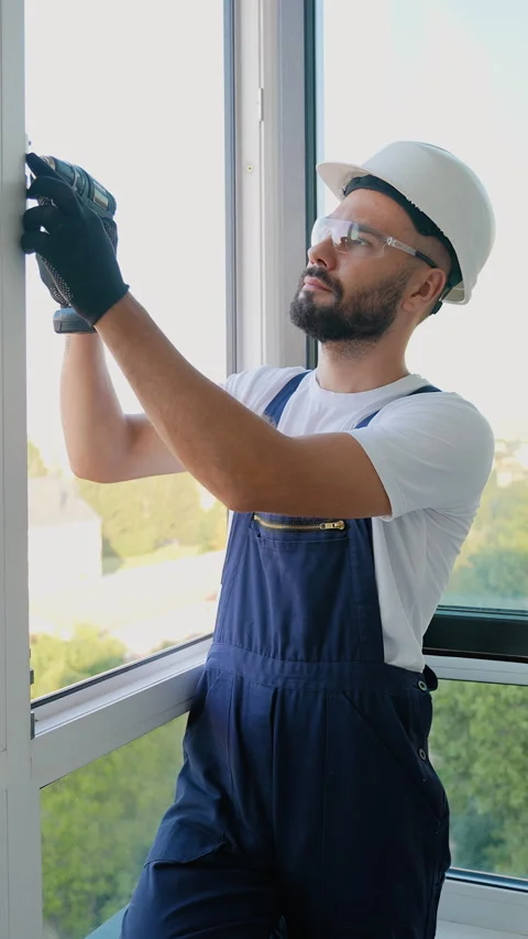 Worker Installing PVC Windows on a Balcony in New Apartment Stock Footage 289782385