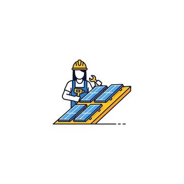 Worker installing solar panels on a rooftop, renewable energy concept Stock Illustration