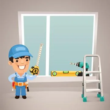 Worker is installing the window Stock Illustration