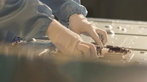 Worker installs an electronic board on the back of a TV Stock Footage 162364200