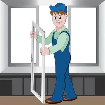 Worker installs or repairs plastic window Stock Illustration