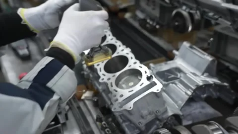 Worker installs piston into motorcycle engine block Stock-Footage 348171188