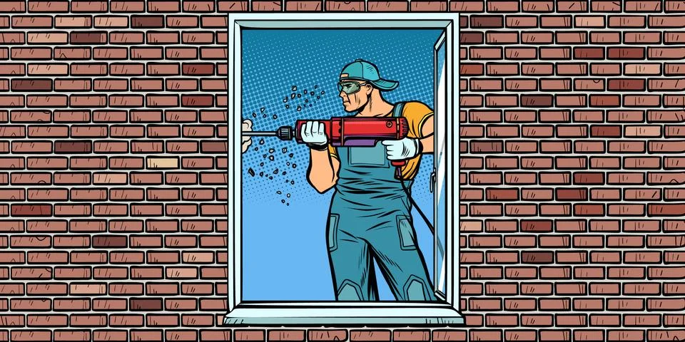 A worker installs a window, drilling a wall Stock Illustration