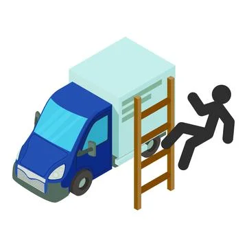 Worker insurance icon isometric vector. Man falls from wood ladder near truck Stock Illustration