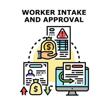 Worker intake approval process managing employment documents and money Ilustración de archivo