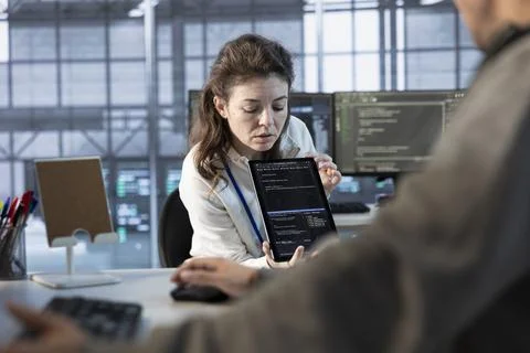 Worker integrating new technologies and systems in data center using tablet Stock-Fotos