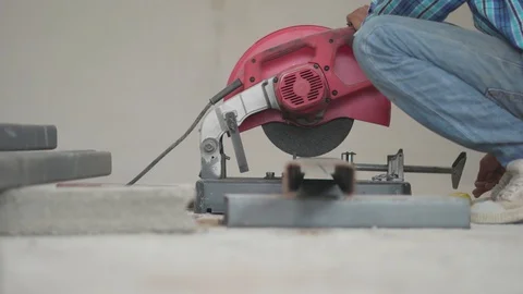 Worker labor cutting C line metal Stock Footage 89219992