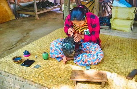 The worker of lacquerware workshop, Bagan, Myanmar 写真素材