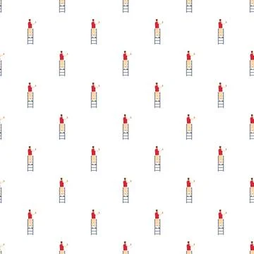 Worker on ladder pattern painting white wall background Stock Illustration