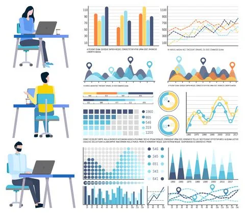 Worker with Laptop, Chart Report, Statistic Vector Stock Illustration