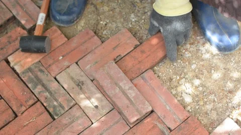 Worker laying red brick  pathway around the house Stock Footage 255349980