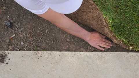 Worker laying a roll lawn in the yard Stock Footage 310871465
