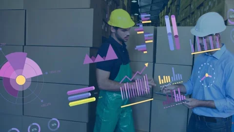 Worker lifting box and initiating stock check, manager checking docs, animated Video stock 332642165