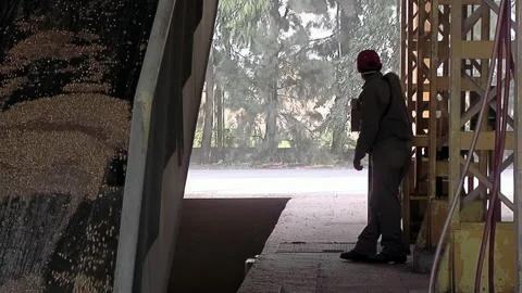 Worker Lifting Hydraulic Platform to Remove Residual Grain At Terminal - 4K Vidéo 320557149