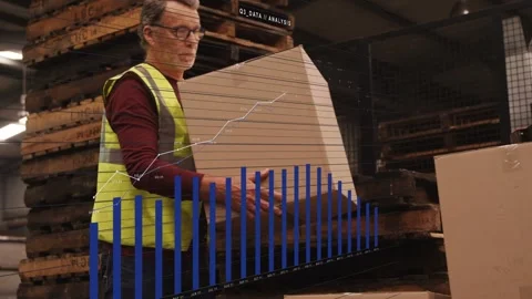Worker lifting, placing box on pallet while blue-bar white-line overlay rising Stock Footage 334321912