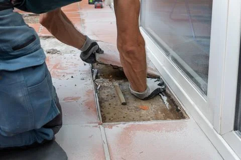 Worker lifts a large section of old tiled flooring beside a glass door during Stock Photos