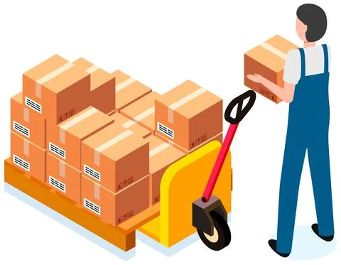 Worker loading boxes on carrier. Man wearing work clothes holding box, put it on Stock Illustration