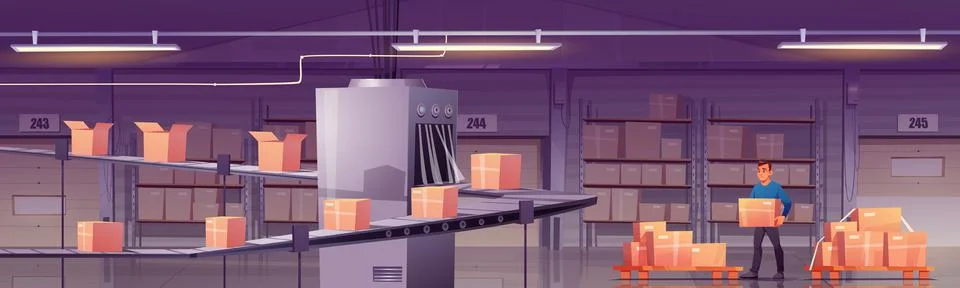 Worker loading boxes on conveyor belt at factory Illustrazione stock
