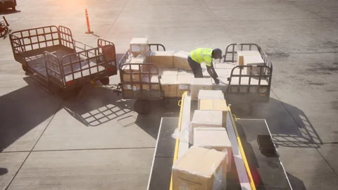 Worker loading cargo into an airplane at Airport in Mauritius 스톡 동영상 135754853
