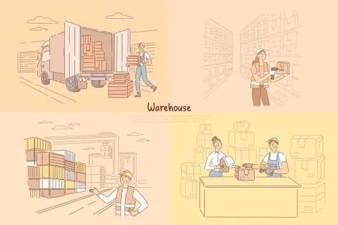 Worker loading crates into back of truck, woman in uniform scanning barcode o Stock Illustration