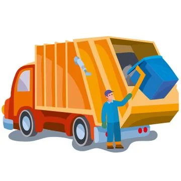 Worker loading garbage into garbage truck, cartoon illustration, isolated obj Stock Illustration