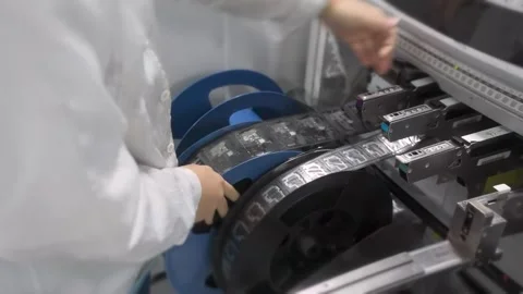 Worker loading reel of SMD components into SMT machine feeder Видео 347981394