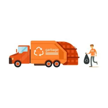 Worker loading rubbish bag into garbage collector truck, waste recycling and Illustrazione stock