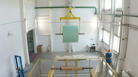 Worker loads a roll of paper on conveyor by crane. Manufacturing plasterboard Stock-Footage 138889665