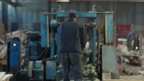 Worker Loads Timber Into Processing Saw Equipment In Woodworking Workshop Stock Footage 224216634