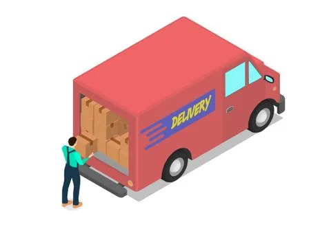 Worker loads the van with cardboard boxes. Stock Illustration