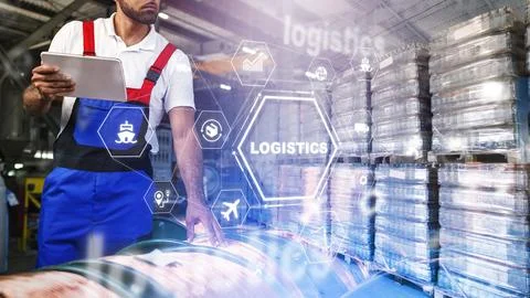 Worker in logistics management using technology to track cargo and inventory Stock Photos