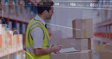 Worker in logistics scanning barcode logging stock for control animated charts Stock Photos