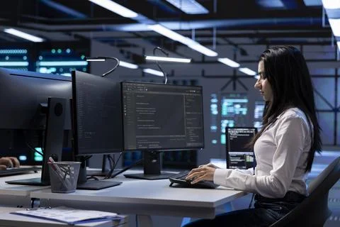 Worker looking for network issues affecting server performance Foto stock
