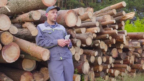 Worker lumberjack or carpenter with a large bunch of money near a pile of logs 스톡 동영상 100984112
